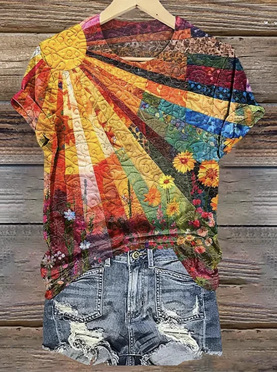 Damen Geometrisch Kurzarm T-Shirts T-Shirt Rundhals Retro Sommer Oberteile