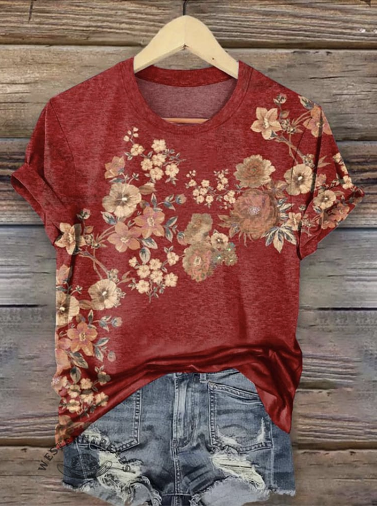 Damen Geblümt Kurzarm T-Shirts T-Shirt Rundhals Lässig Sommer Oberteile