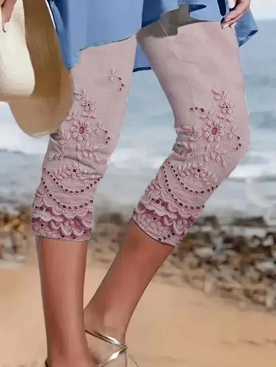 Damen Geblümt Caprihosen Elastische Taille Hose Lässig Sommer Hose