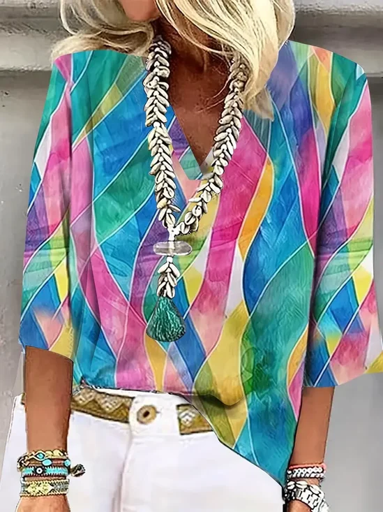 Damen Geometrisch Dreiviertelärmel Bluse_ Frühling/Herbst Print V-Ausschnitt Täglich Lässig Oberteile