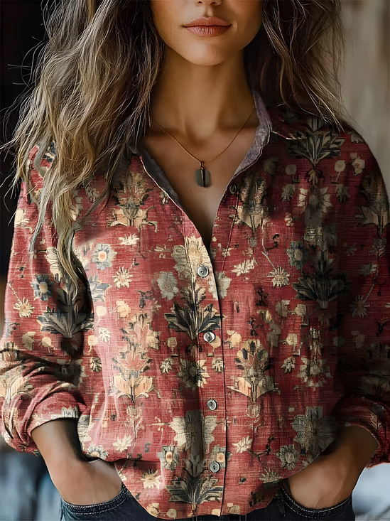 Damen Geblümt Langarm Bluse Frühling/Herbst Hemdkragen Täglich Retro Oberteile
