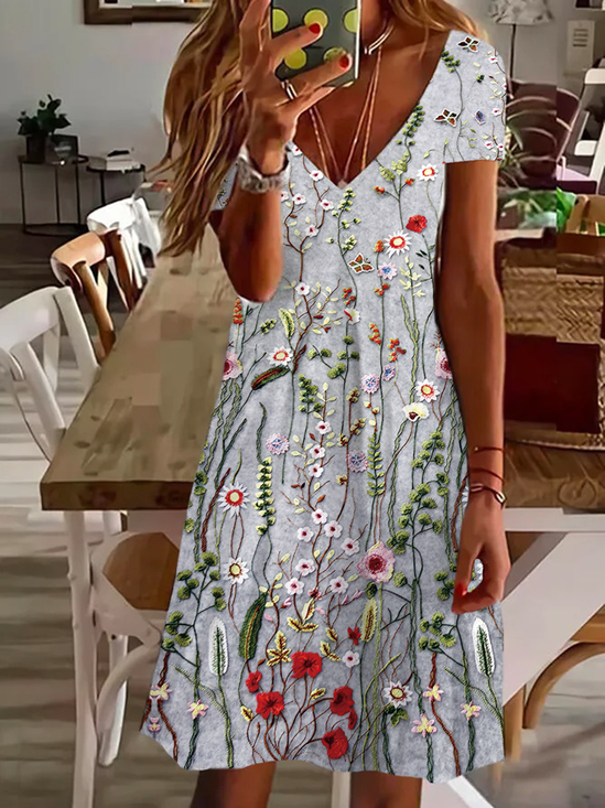 Damen Geblümt Kurzarm Sommer Print Kleid V-Ausschnitt Täglich Lässig Knielänge T-Shirt-Kleid H-Linie Kleid