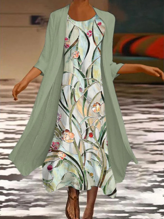 Damen Geblümt Print Zweiteiliges Set Täglich Dreiviertelärmel Lässig Frühling/Herbst Mantel mit Rock Matching Set