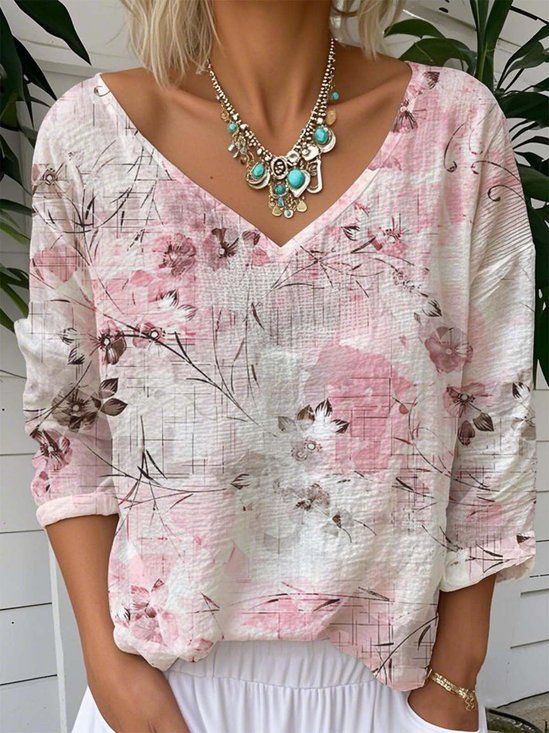Damen Geblümt Langarm T-Shirts T-Shirt V-Ausschnitt Retro Frühling/Herbst Oberteile