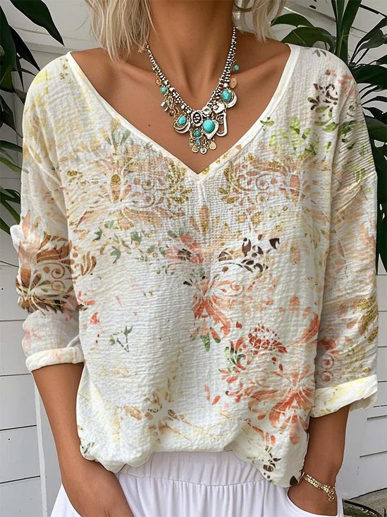 Damen Geblümt Langarm T-Shirts T-Shirt V-Ausschnitt Retro Frühling/Herbst Oberteile