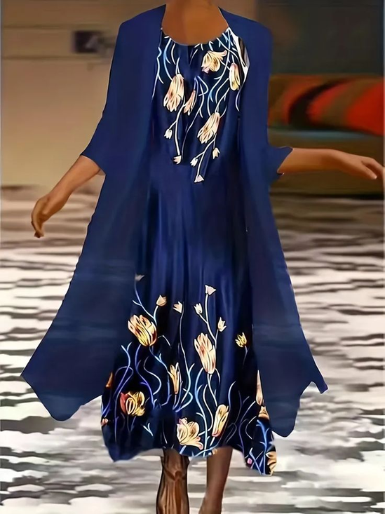 Damen Geblümt Print Zweiteiliges Set Täglich Dreiviertelärmel Lässig Frühling/Herbst Mantel mit Rock Matching Set