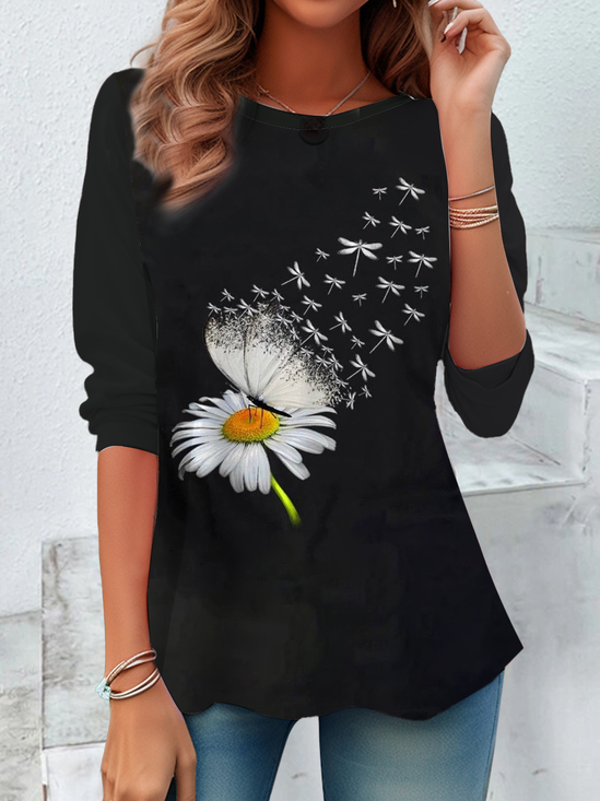 Damen Geblümt Langarm T-Shirts T-Shirt Rundhals Lässig Frühling/Herbst T-Shirt mit Grafik Oberteile