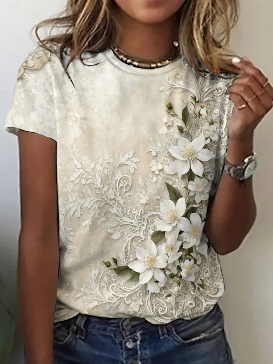 Damen Geblümt Kurzarm T-Shirts T-Shirt Rundhals Retro Sommer Oberteile