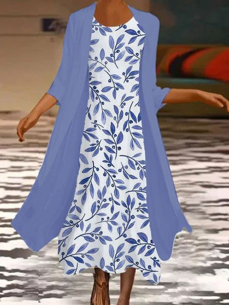 Damen Geblümt Print Zweiteiliges Set Täglich Dreiviertelärmel Lässig Frühling/Herbst Mantel mit Rock Matching Set