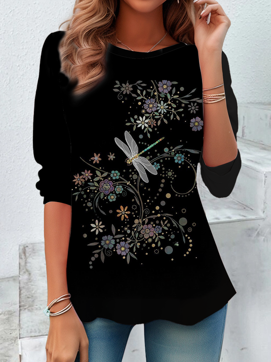 Damen Geblümt Langarm T-Shirts T-Shirt Rundhals Print Lässig Frühling/Herbst T-Shirt mit Grafik Oberteile
