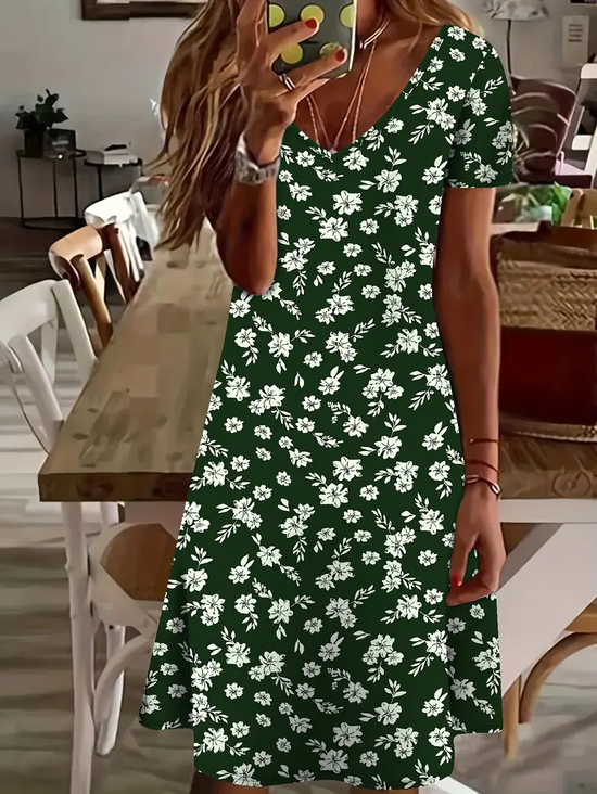 Damen Geblümt Kurzarm Sommer Print Kleid V-Ausschnitt Täglich Lässig Knielänge T-Shirt-Kleid H-Linie Kleid