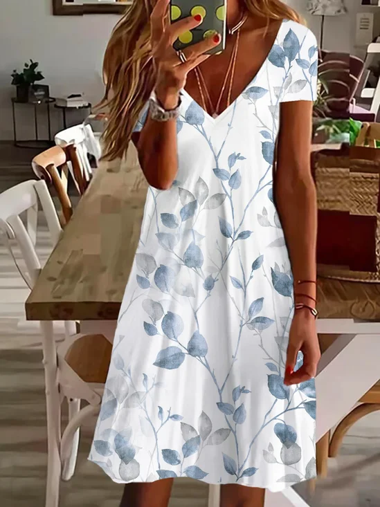 Damen Geblümt Kurzarm Sommer Print Kleid V-Ausschnitt Täglich Lässig Knielänge T-Shirt-Kleid H-Linie Kleid