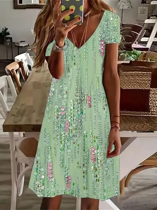 Damen Geblümt Kurzarm Sommer Print Kleid V-Ausschnitt Täglich Lässig Knielänge T-Shirt-Kleid H-Linie Kleid