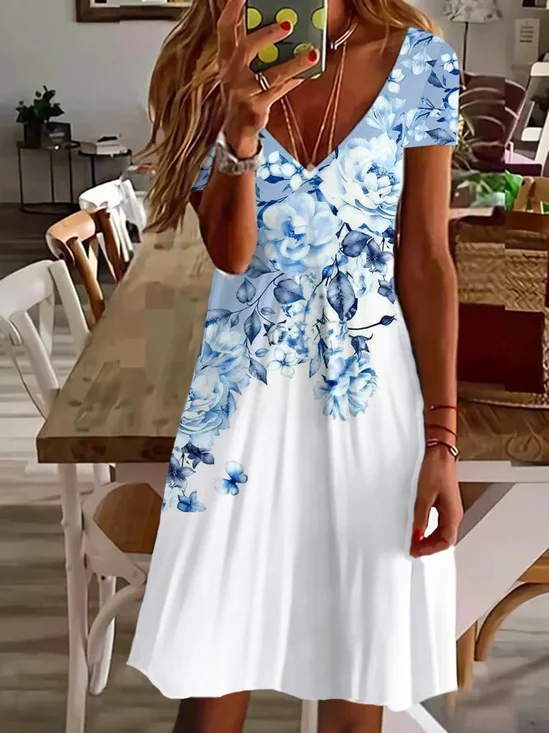 Damen Geblümt Kurzarm Sommer Print Kleid V-Ausschnitt Täglich Lässig Knielänge T-Shirt-Kleid H-Linie Kleid
