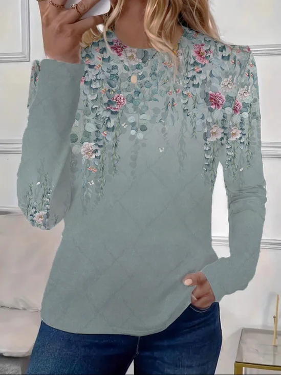 Damen Geblümt Langarm T-Shirts T-Shirt Rundhals Print Lässig Frühling/Herbst T-Shirt mit Grafik Oberteile