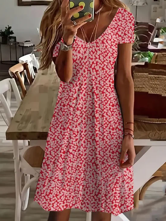 Damen Geblümt Kurzarm Sommer Print Kleid V-Ausschnitt Täglich Lässig Knielänge T-Shirt-Kleid H-Linie Kleid