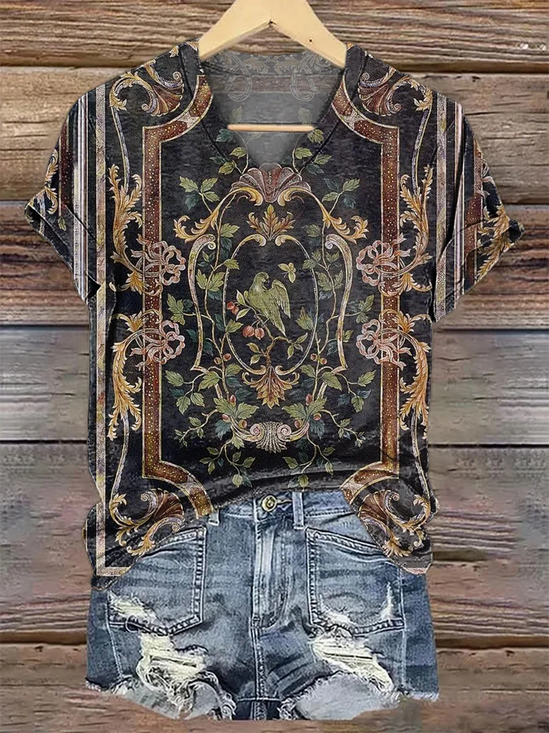 Damen Geblümt Kurzarm T-Shirts T-Shirt V-Ausschnitt Print Lässig Sommer T-Shirt mit Grafik Oberteile