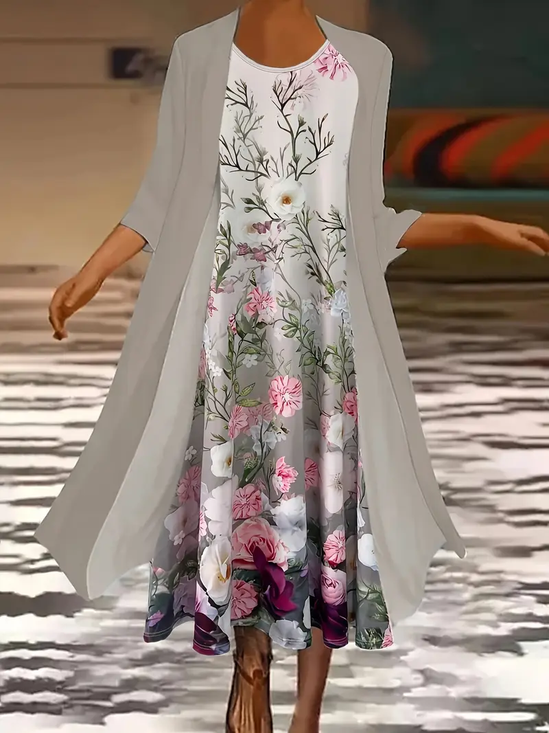 Damen Geblümt Print Zweiteiliges Set Täglich Dreiviertelärmel Lässig Frühling/Herbst Mantel mit Rock Matching Set