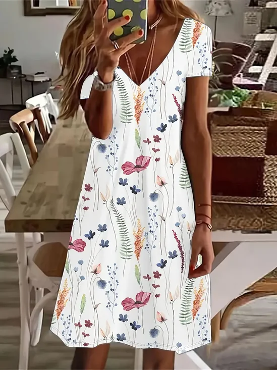 Damen Geblümt Kurzarm Sommer Print Kleid V-Ausschnitt Täglich Lässig Knielänge T-Shirt-Kleid H-Linie Kleid