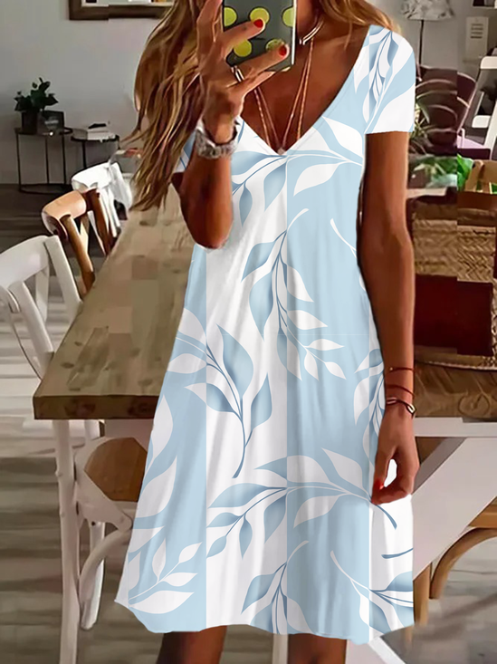 Damen Geblümt Kurzarm Sommer Print Kleid V-Ausschnitt Täglich Lässig Knielänge T-Shirt-Kleid H-Linie Kleid