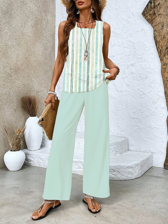 Damen Gestreift Print Zweiteiliges Set Täglich Ärmellos Lässig Sommer Bluse mit Hose Matching Set