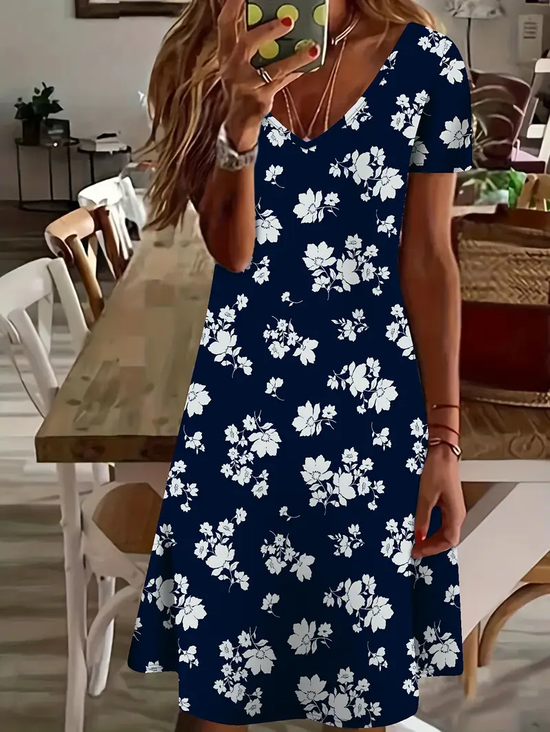 Damen Geblümt Kurzarm Sommer Print Kleid V-Ausschnitt Täglich Lässig Knielänge T-Shirt-Kleid H-Linie Kleid