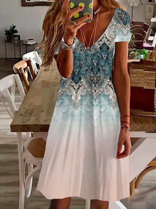 Damen Geblümt Kurzarm Sommer Print Kleid V-Ausschnitt Täglich Lässig Knielänge T-Shirt-Kleid H-Linie Kleid