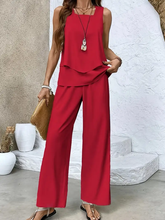 Damen Unifarben Zweiteiliges Set Täglich Ärmellos Lässig Sommer Bluse mit Hose Matching Set