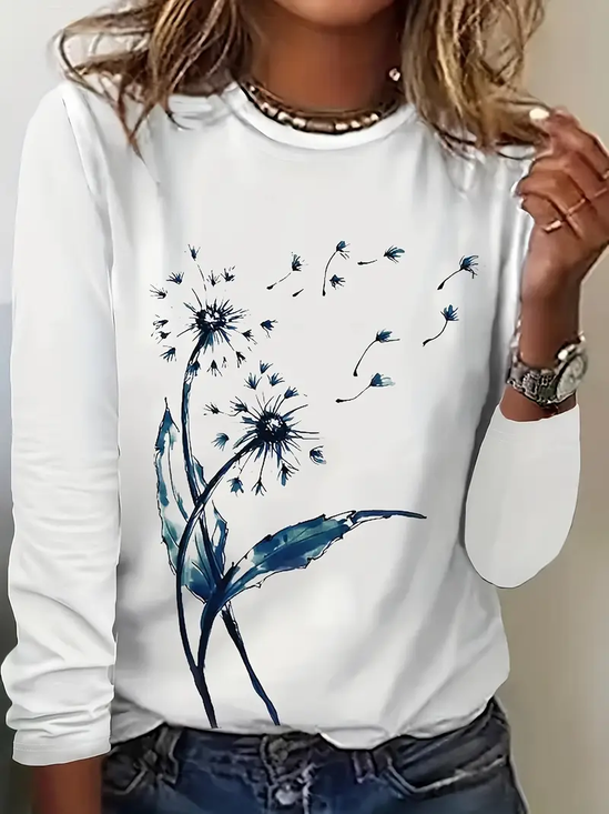 Damen Geblümt Langarm T-Shirts T-Shirt Rundhals Print Lässig Frühling/Herbst T-Shirt mit Grafik Oberteile