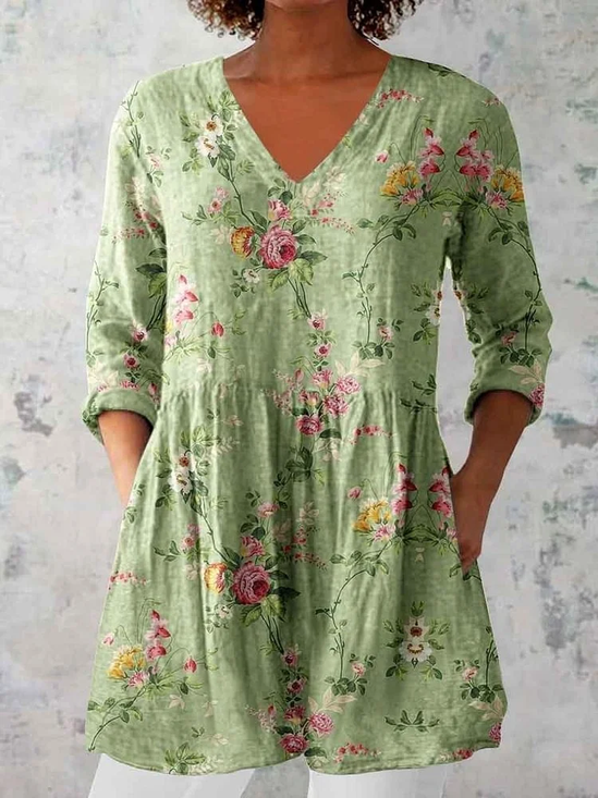 Damen Geblümt Halbarm Bluse_ Sommer Print V-Ausschnitt Täglich Lässig Oberteile