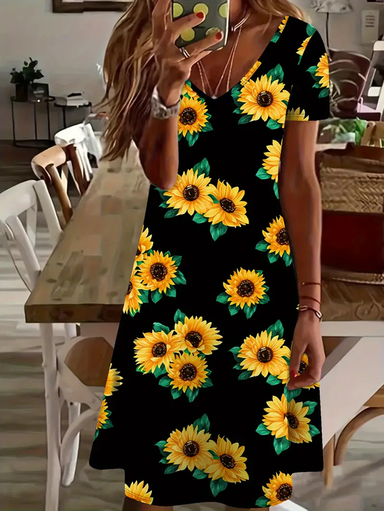 Damen Geblümt Kurzarm Sommer Print Kleid V-Ausschnitt Täglich Lässig Knielänge T-Shirt-Kleid H-Linie Kleid