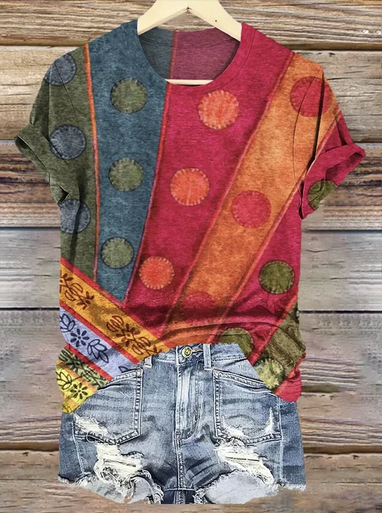 Damen Geometrisch Kurzarm T-Shirts T-Shirt Rundhals Retro Sommer Oberteile