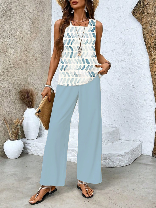 Damen Geometrisch Print Zweiteiliges Set Täglich Ärmellos Lässig Sommer Bluse mit Hose Matching Set