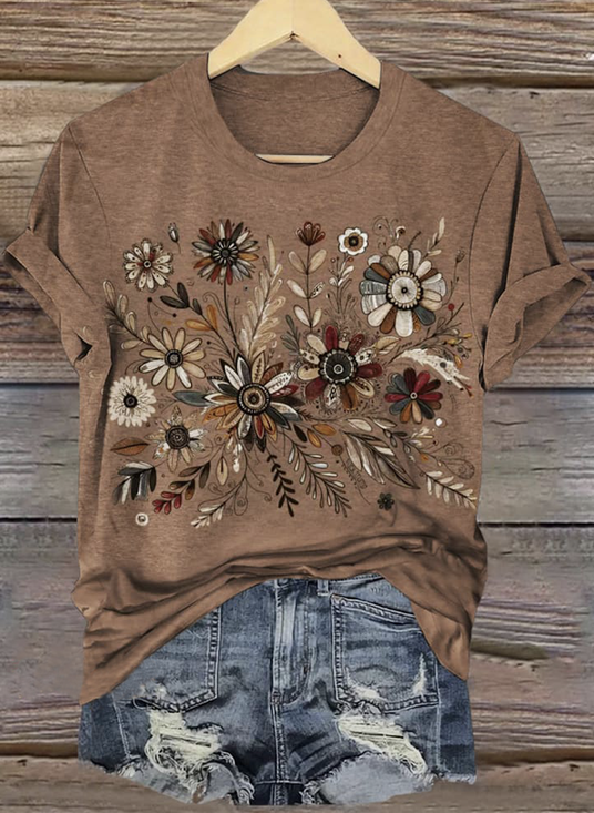 Damen Geblümt Kurzarm T-Shirts T-Shirt Rundhals Lässig Sommer Oberteile