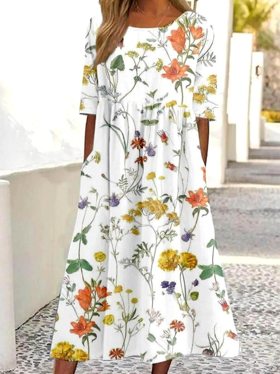 Damen Geblümt Halbarm Sommer Kleid Rundhals Täglich Retro Maxikleid Blusenkleid A-Linien-Kleid