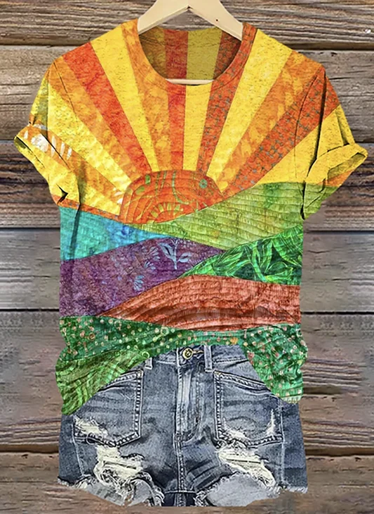 Damen Geometrisch Kurzarm T-Shirts T-Shirt Rundhals Retro Sommer Oberteile