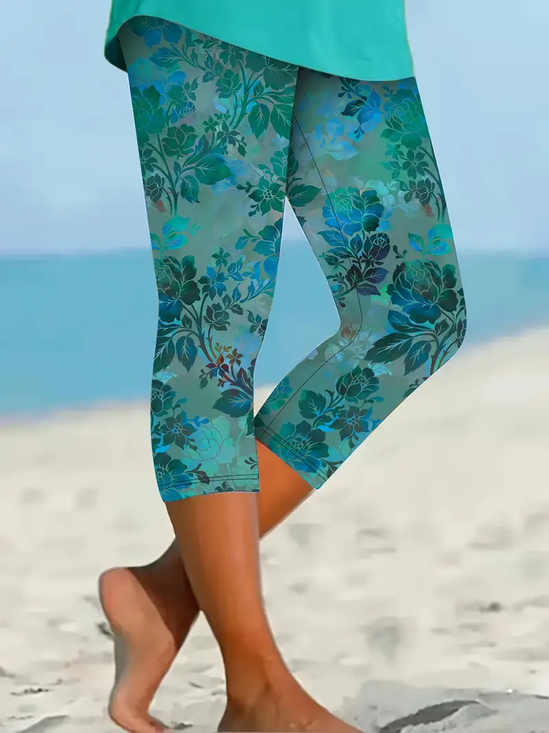Damen Geblümt Caprihosen Elastische Taille Hose Lässig Sommer Hose