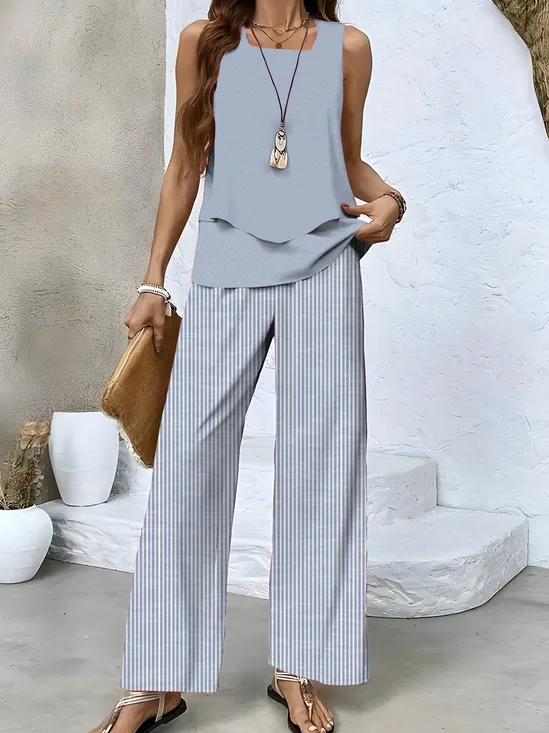 Damen Gestreift Zweiteiliges Set Täglich Ärmellos Lässig Sommer Bluse mit Hose Matching Set
