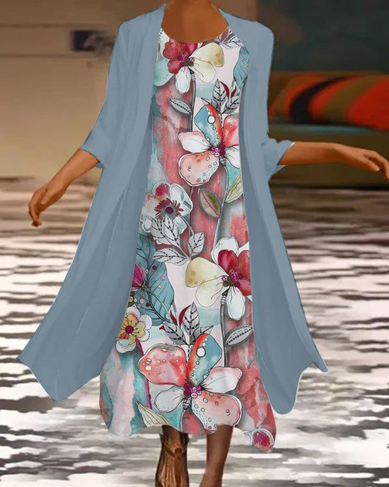 Damen Geblümt Print Zweiteiliges Set Täglich Dreiviertelärmel Lässig Frühling/Herbst Mantel mit Rock Matching Set