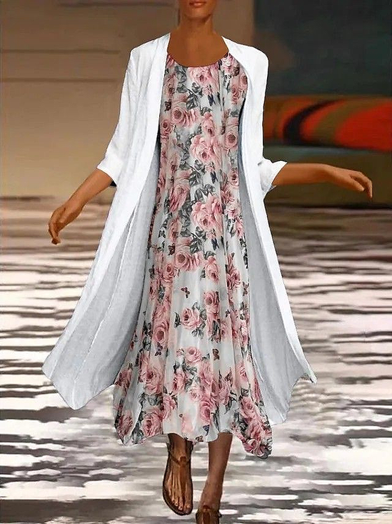 Damen Geblümt Print Zweiteiliges Set Täglich Dreiviertelärmel Lässig Frühling/Herbst Mantel mit Rock Matching Set