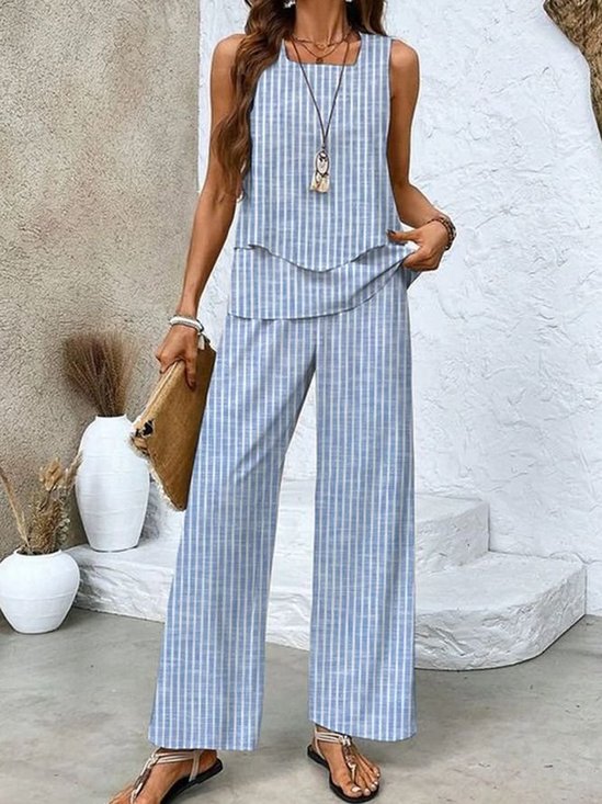 Damen Gestreift Zweiteiliges Set Täglich Ärmellos Lässig Sommer Bluse mit Hose Matching Set