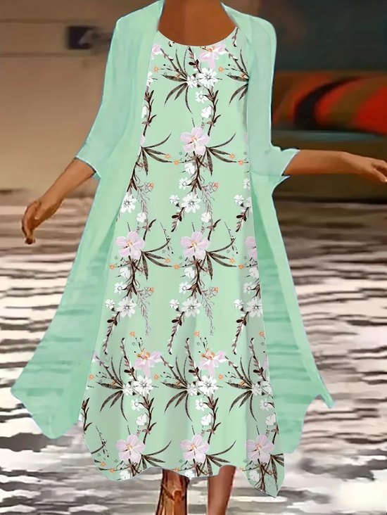 Damen Geblümt Print Zweiteiliges Set Täglich Dreiviertelärmel Lässig Frühling/Herbst Mantel mit Rock Matching Set