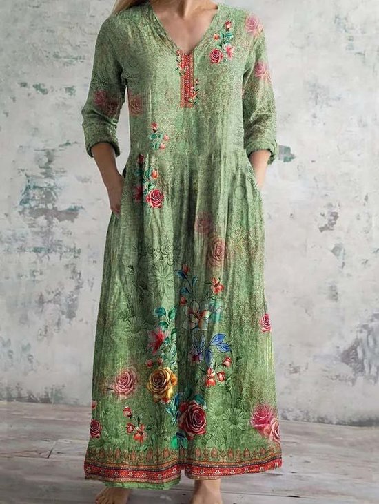 Damen Langarm Frühling/Herbst 3d Drucken Kleid V-Ausschnitt Urlaub Ausgehen Retro Maxikleid T-Shirt-Kleid A-Linien-Kleid