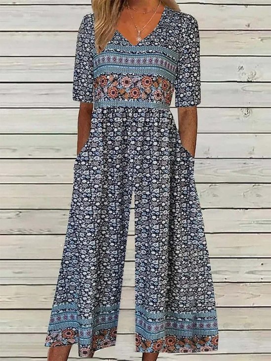 Damen 3d Drucken V-Ausschnitt Halbarm Retro Sommer Jumpsuit