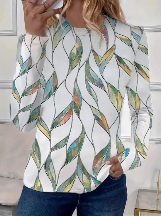 Damen Geometrisch Langarm T-Shirts T-Shirt Rundhals Print Lässig Frühling/Herbst T-Shirt mit Grafik Oberteile