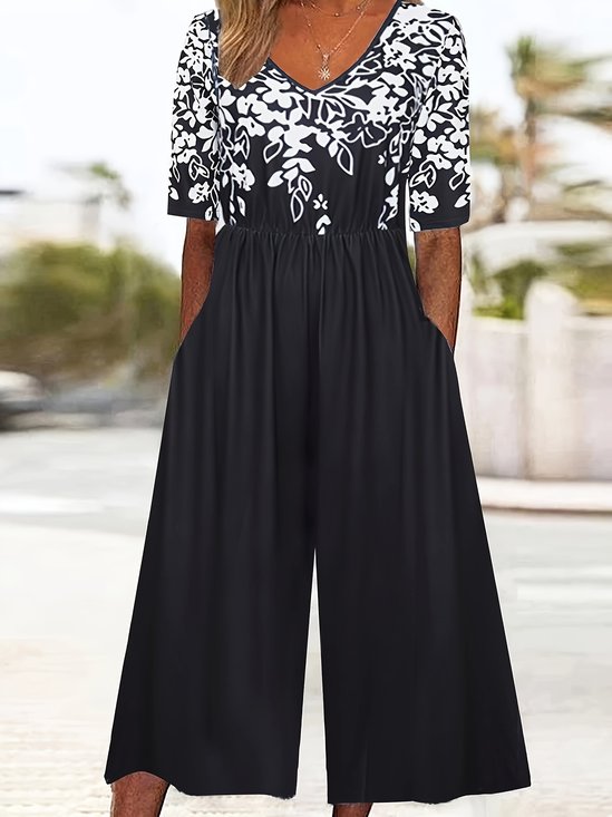 Damen Verlaufsmuster V-Ausschnitt Halbarm Retro Sommer Jumpsuit