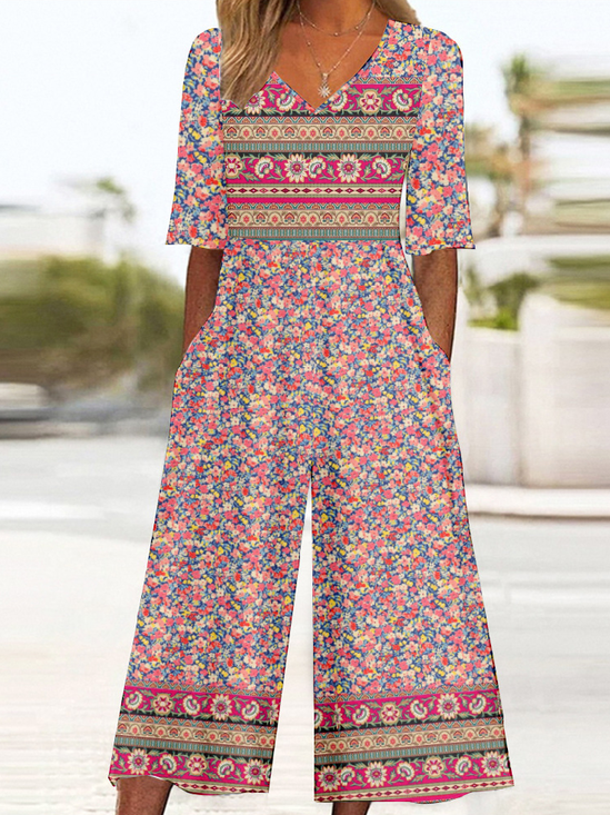 Damen Ethnisch V-Ausschnitt Halbarm Retro Sommer Jumpsuit