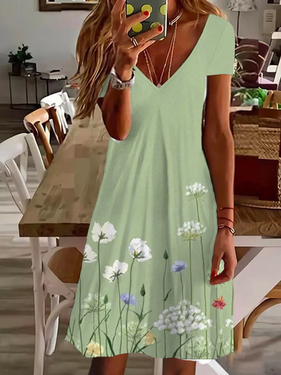 Damen Geblümt Kurzarm Sommer Print Kleid V-Ausschnitt Täglich Lässig Knielänge T-Shirt-Kleid H-Linie Kleid