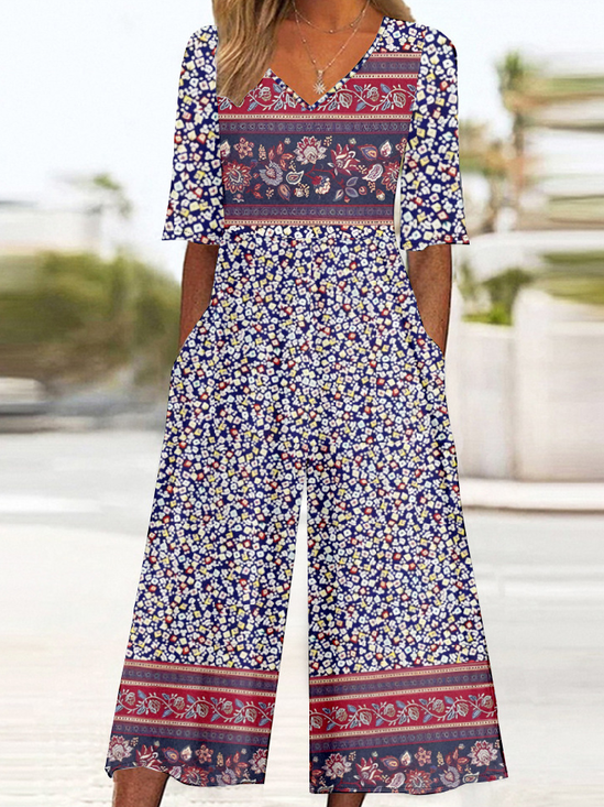 Damen Ethnisch V-Ausschnitt Halbarm Retro Sommer Jumpsuit