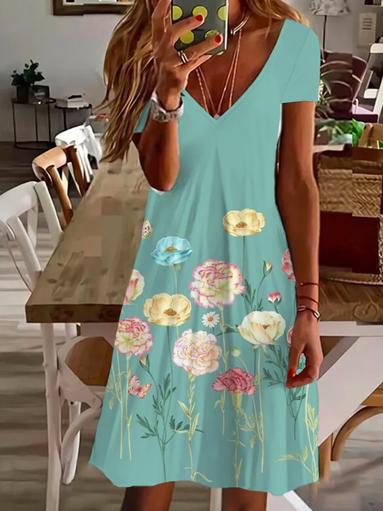 Damen Geblümt Kurzarm Sommer Print Kleid V-Ausschnitt Täglich Lässig Knielänge T-Shirt-Kleid H-Linie Kleid